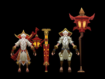 Mythical Characters And Creatures With Traditional Attire Holding Lanterns And Long Staffs Art 3d model
