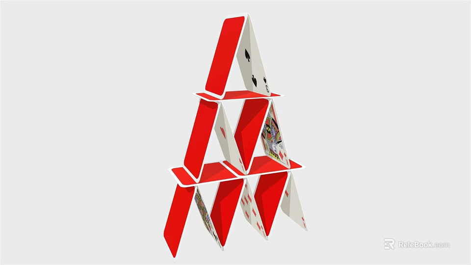 Red Playing Cards Stacked To Build A Creative Card Game Structure 3d model 