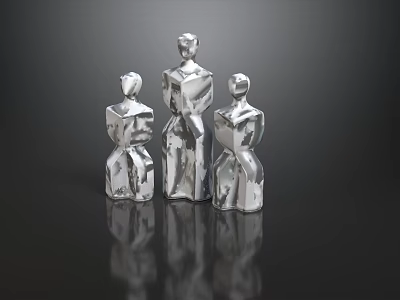 Modern Abstract Silver Human Figurine Ornament Decoration Set On Black Surface With Reflection 3d model