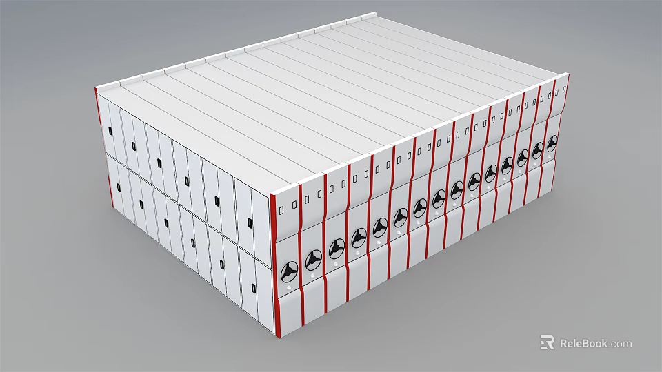 Modern White Bookcase With Multiple Shelves Red Trim And Black Symbols 3d model 