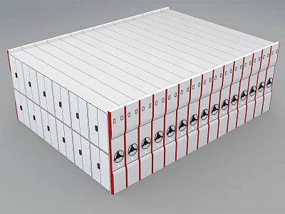 Modern White Bookcase With Multiple Shelves Red Trim And Black Symbols 3d model