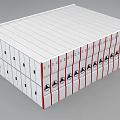 Modern White Bookcase With Multiple Shelves Red Trim And Black Symbols