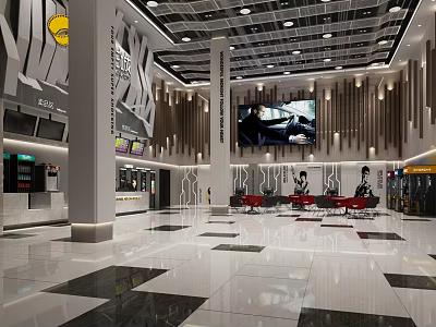 Modern Cinema Lobby Interior Design With Ticket Machines Large Screen Seats And Decorative Walls 3d model