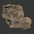 Modern Scene Model With Wooden Platform Stone Walls And Sandy Rocky Ground
