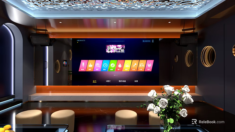 Modern KTV Private Room Featuring Large Screen Song Selection And White Roses Decor 3d model 