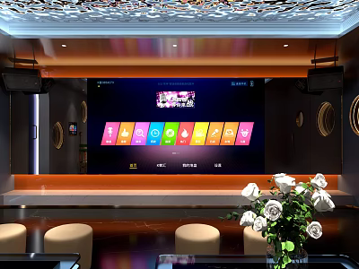 Modern KTV Private Room Featuring Large Screen Song Selection And White Roses Decor 3d model