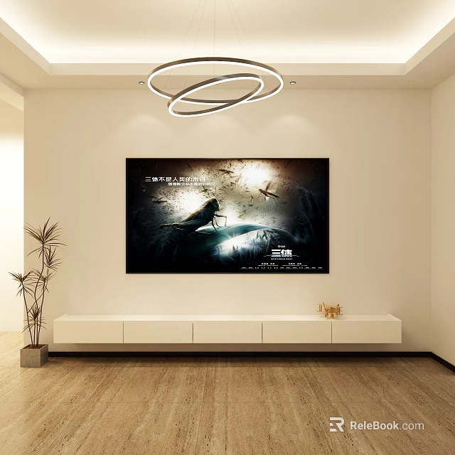 Modern Minimalist Living Room With White TV Stand Wall Painting Ceiling Lamp And Plant 3d model 