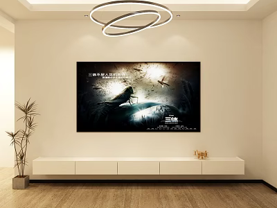 Modern Minimalist Living Room With White TV Stand Wall Painting Ceiling Lamp And Plant 3d model