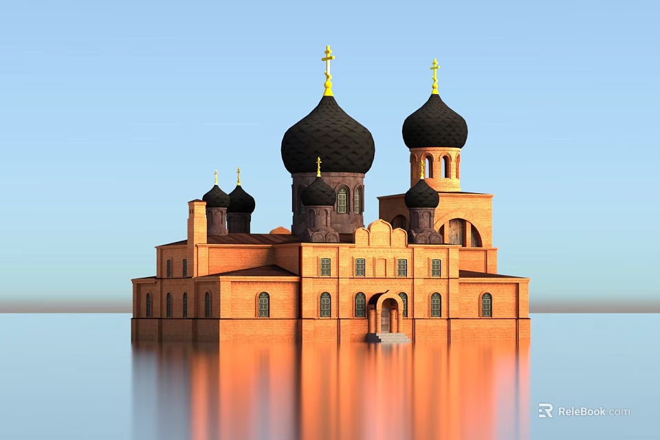 Eastern Orthodox Religious Architecture with Black Domes Golden Crosses Brick Red Exterior and Water Reflection 3d model 