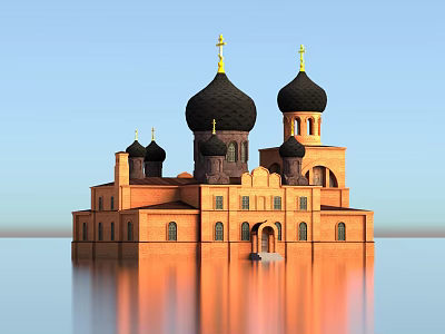 Eastern Orthodox Religious Architecture with Black Domes Golden Crosses Brick Red Exterior and Water Reflection 3d model