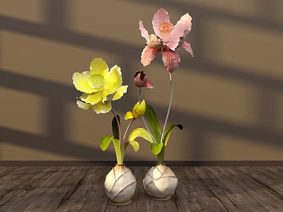 Floral Display with Yellow Pink Flowers in White Textured Vases on Wooden Table Shadow Effects 3d model