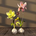 Floral Display with Yellow Pink Flowers in White Textured Vases on Wooden Table Shadow Effects