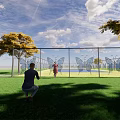 Scenic Garden Landscape With Butterfly Patterned Fence Girl On Green Lawn Under Blue Sky