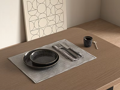 Minimalist Tableware Set With Plate Cutlery Placemat And Cup On Wooden Tabletop With Geometric Art 3d model