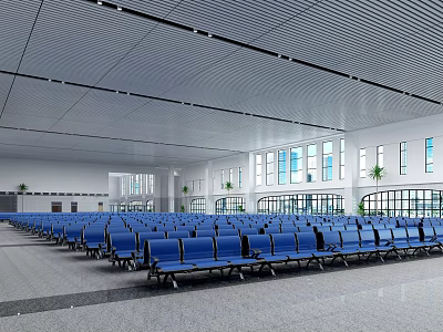 Spacious Station Waiting Area With Blue Seats Bright Windows And Modern Ceiling Design 3d model