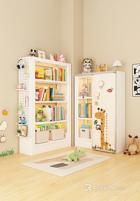 Lovely Cartoon Themed Kids Bookshelf With Large Storage Space And Practical Perforated Side Organizer 3d model 