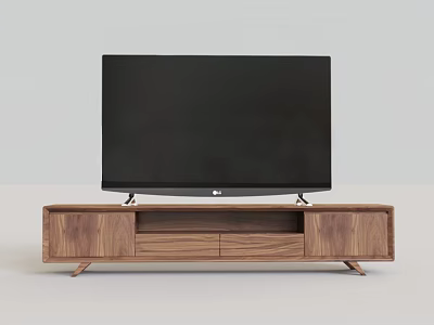 Modern Wooden TV Stand With Open Shelves And Drawers Holding TV In Living Room 3d model