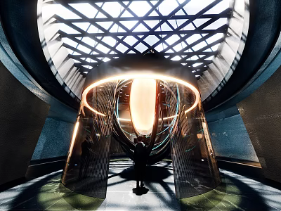 Futuristic Architectural Interior With Geometric Ceiling And Central Illuminated Ring Structure 3d model