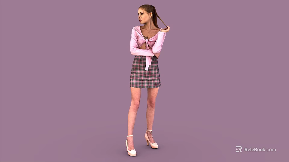 Woman Adjusting Hair In Pink Top And Plaid Skirt With High Heels Against Purple Background 3d model 