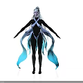 Futuristic Female Character With White Hair Blue Flowing Ribbons And Black Tight Fitting Outfit