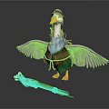 Duck Game Character Wearing Hat Blue Apron Green Pants With Spread Wings And Green Weapon