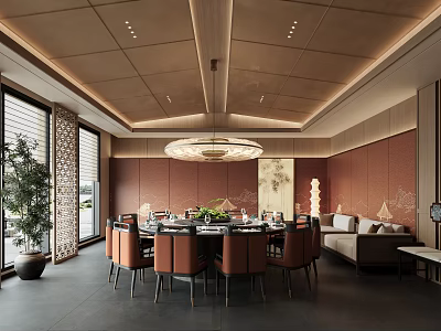 Private Dining Box Interior With Round Dining Table Orange Chairs Chandelier Sofa And Large Windows 3d model