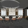 Modern Private Dining Room Interior With Round Table Chandelier And Upholstered Chairs 3d model