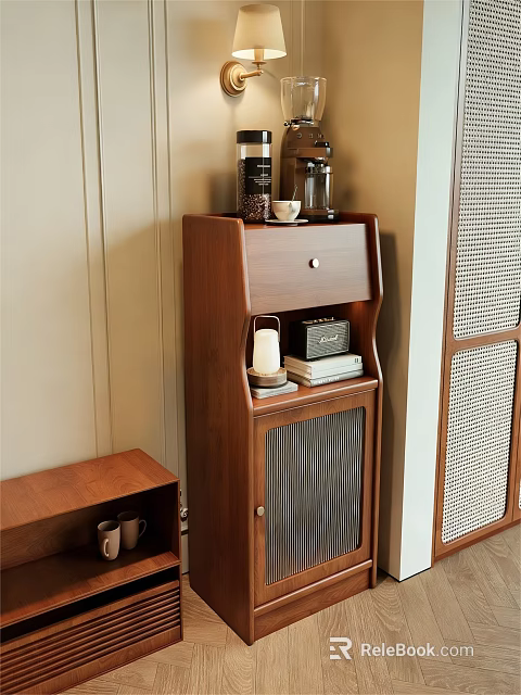 Retro Wooden Storage Cabinet With Drawer Shelf And Books Vintage Radio In Living Room 3d model 