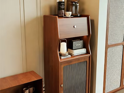 Retro Wooden Storage Cabinet With Drawer Shelf And Books Vintage Radio In Living Room 3d model