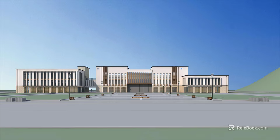 Large Light Colored Building With Symmetrical Design Spacious Front Plaza And Benches 3d model