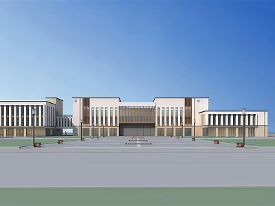 Large Light Colored Building With Symmetrical Design Spacious Front Plaza And Benches 3d model