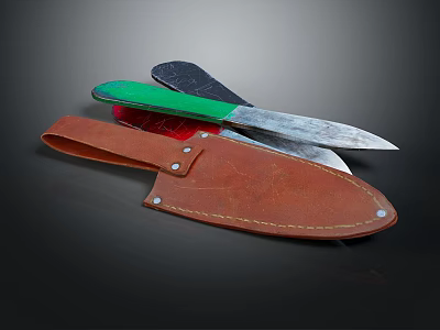 Multi Colored Handle Knives With Metal Blades And Brown Leather Sheath 3d model