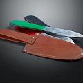 Multi Colored Handle Knives With Metal Blades And Brown Leather Sheath