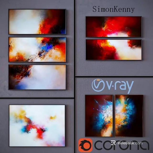 Vibrant Abstract Paintings With Red Blue Orange And White Hues For Home Wall Decor 3d model 