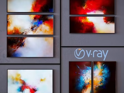 Vibrant Abstract Paintings With Red Blue Orange And White Hues For Home Wall Decor 3d model
