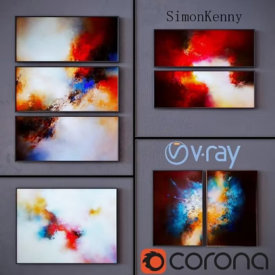 Vibrant Abstract Paintings With Red Blue Orange And White Hues For Home Wall Decor 3d model