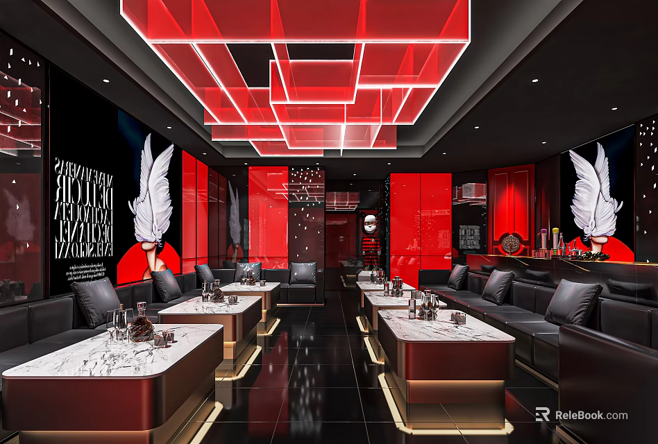 Modern KTV Interior With Red Decor Black Sofas Marble Tabletops Angel Murals And Red Partitions 3d model 