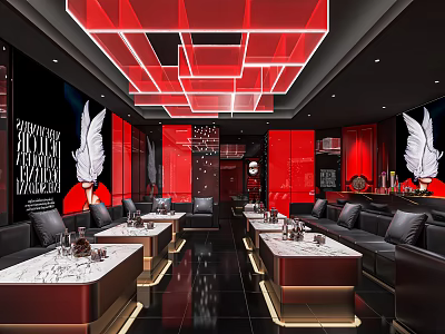 Modern KTV Interior With Red Decor Black Sofas Marble Tabletops Angel Murals And Red Partitions 3d model