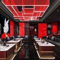 Modern KTV Interior With Red Decor Black Sofas Marble Tabletops Angel Murals And Red Partitions