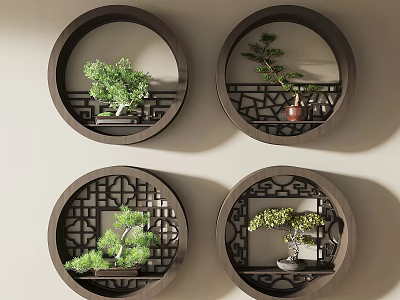 Casement Window With Four Chinese Circular Decor Frames And Bonsai 3d model