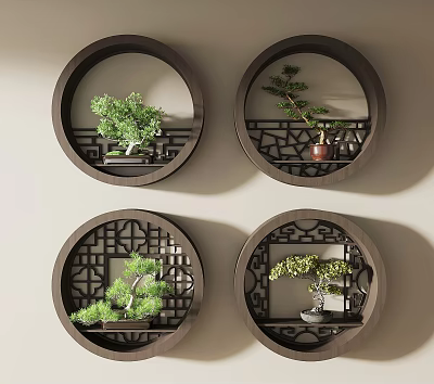 Casement Window With Four Chinese Circular Decor Frames And Bonsai 3d model