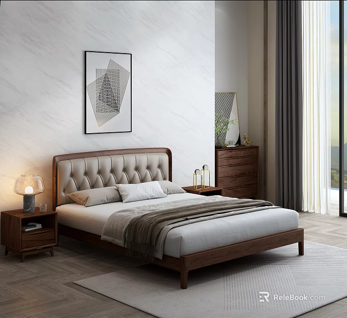 Modern Wooden Double Bed With Upholstered Headboard Nightstands Abstract Painting And Marble Wall 3d model 