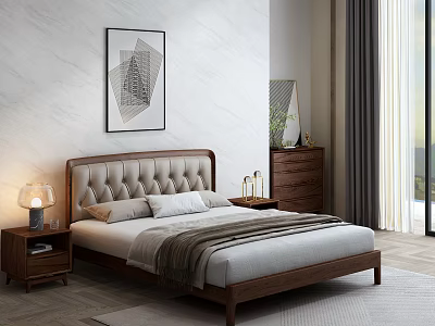 Modern Wooden Double Bed With Upholstered Headboard Nightstands Abstract Painting And Marble Wall 3d model