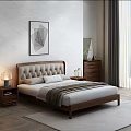 Modern Wooden Double Bed With Upholstered Headboard Nightstands Abstract Painting And Marble Wall