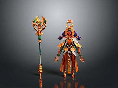 Egyptian Style Woman Character Holding Ornate Decorated Scepter With Intricate Design 3d model