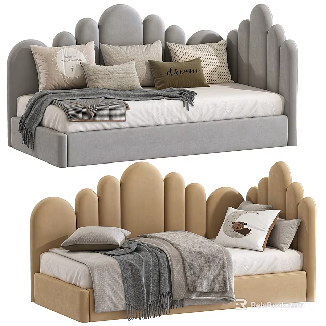 Modern Gray And Beige Single Bed With Scalloped Headboard And Soft Pillows Throw Blanket 3d model 