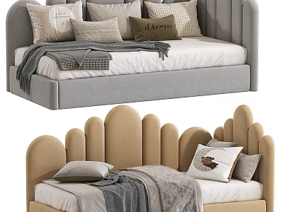 Modern Gray And Beige Single Bed With Scalloped Headboard And Soft Pillows Throw Blanket 3d model