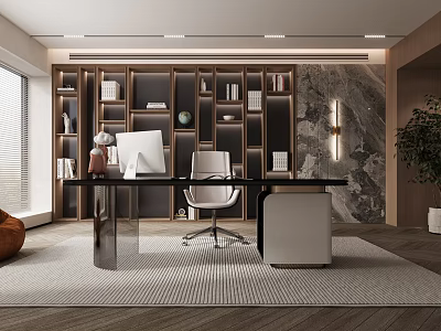 Modern Study Room Interior With Built in Bookcases Computer Desk And Marble Wall 3d model