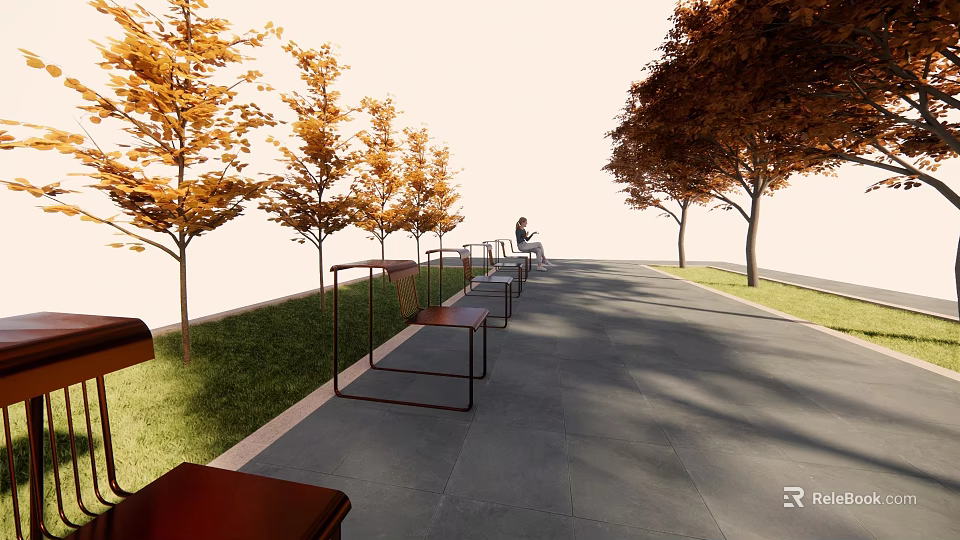 Brown Metal Frame Landscape Seats Along Gray Stone Path With Autumn Orange Trees And Lawn 3d model 