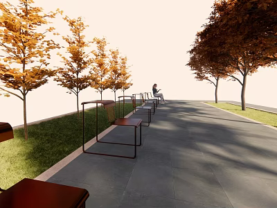 Brown Metal Frame Landscape Seats Along Gray Stone Path With Autumn Orange Trees And Lawn 3d model